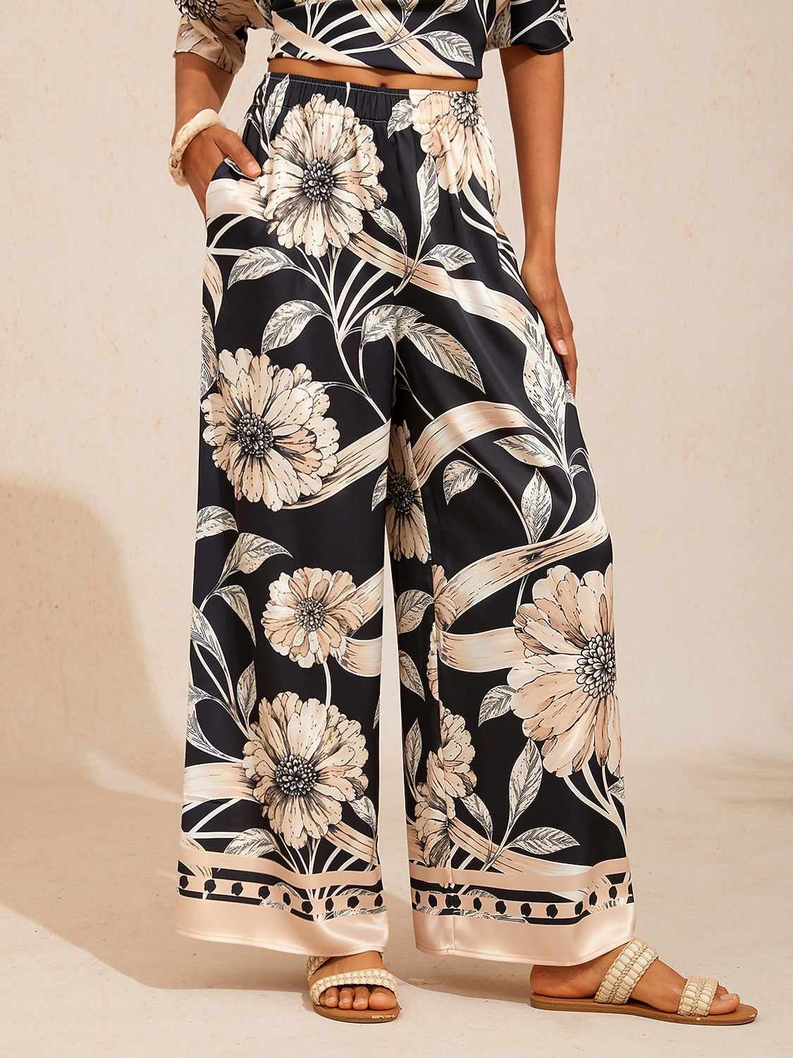 Golden Petal Satin Wide-Leg Pants in Golden Black by Aurelia Sun
