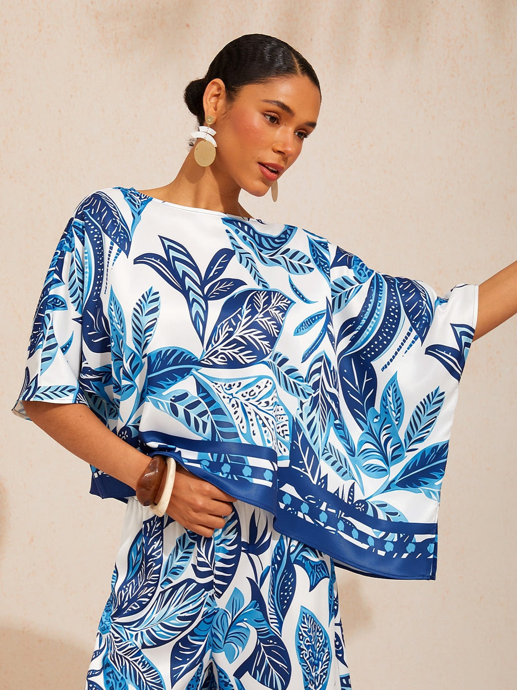 Golden Petal Satin Batwing Top in Whispy Blue by Aurelia Sun