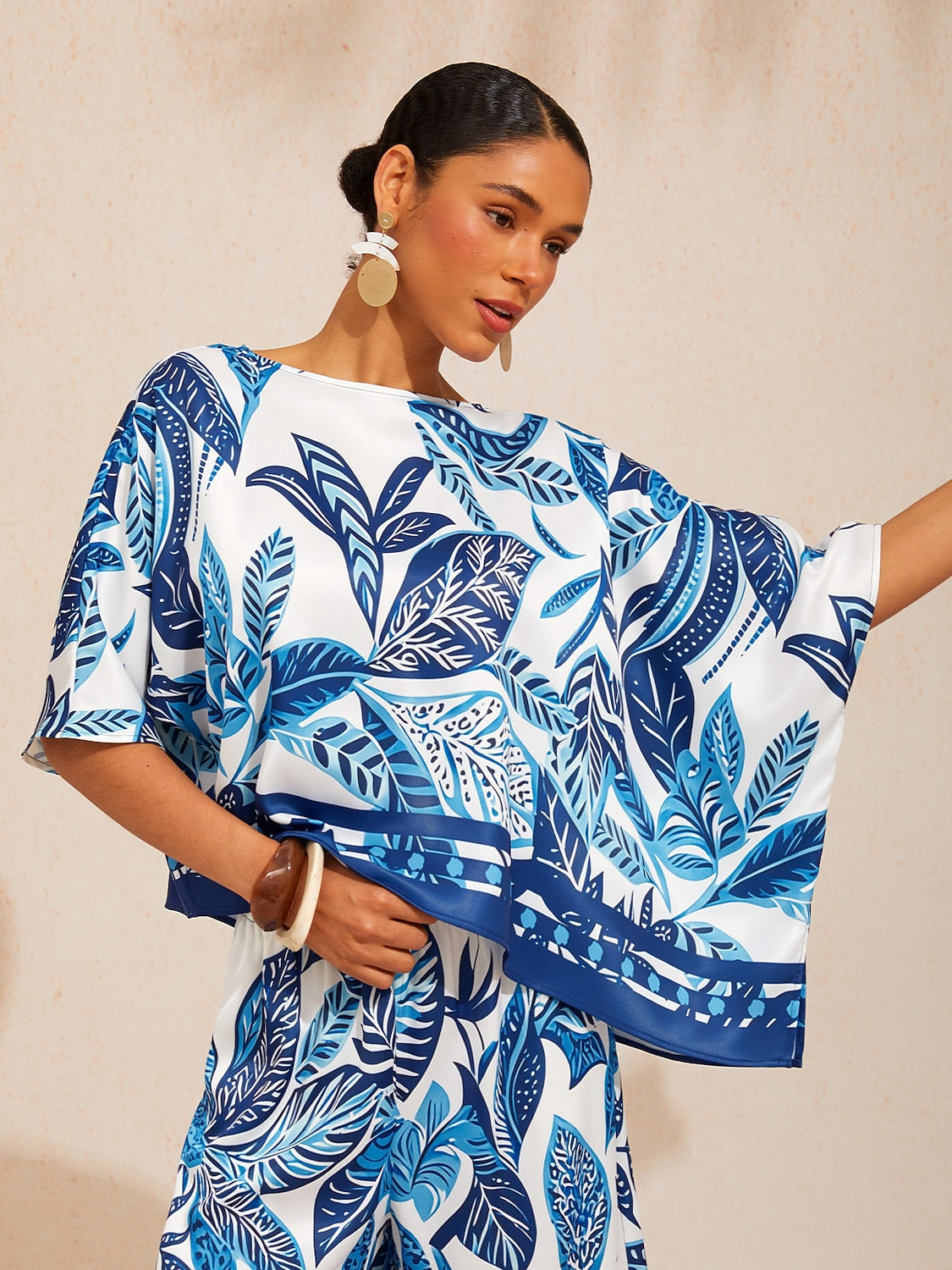Bell Flower Satin Batwing Top in Dark Blue by Aurelia Sun