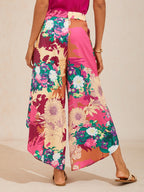 Hawaii Palm Satin Wrap Wide-Leg Pants in Berry Red by Aurelia Sun