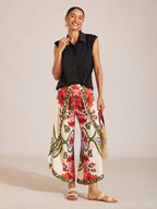Hawaii Palm Satin Wrap Wide-Leg Pants in Rose Red by Aurelia Sun