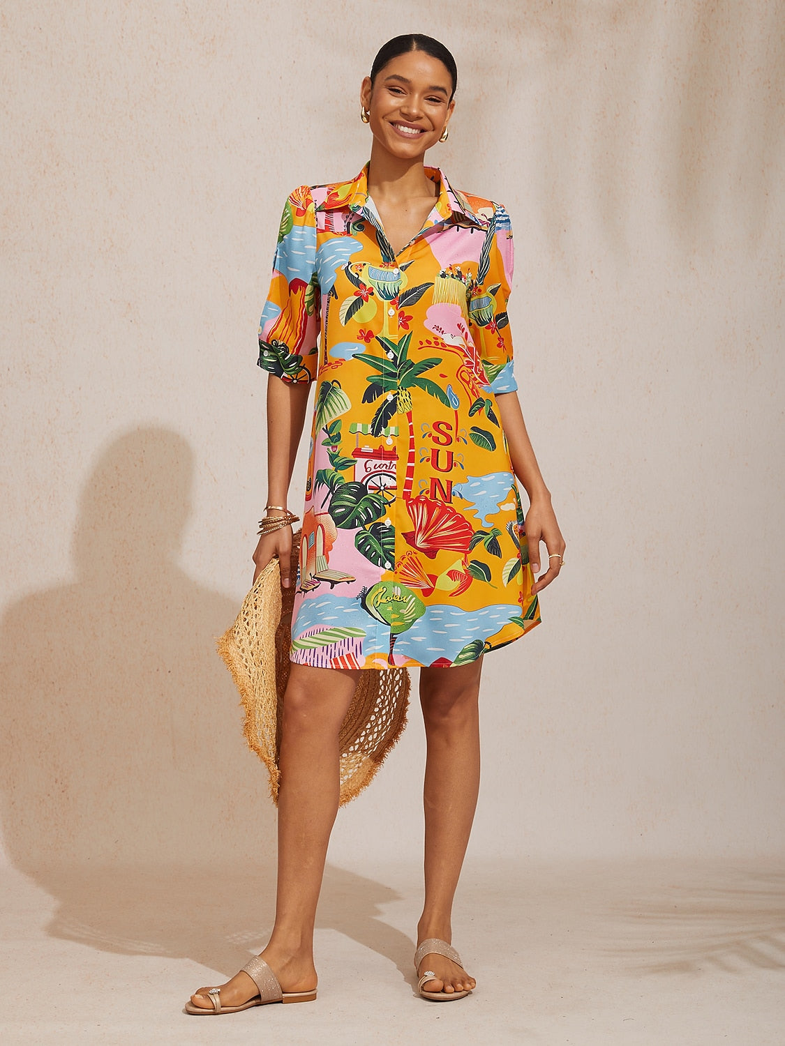 Santorini Scenic Satin Midi Shirt Dress in Sunset Brown by Aurelia Sun