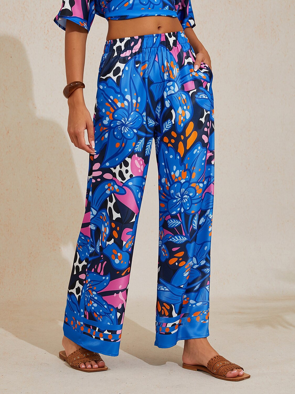 Hibiscus Satin Wide-Leg Pants in Pastel Pink by Aurelia Sun