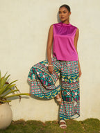 Hawaii Palm Satin Wrap Wide-Leg Pants in Sapphire Blue by Aurelia Sun