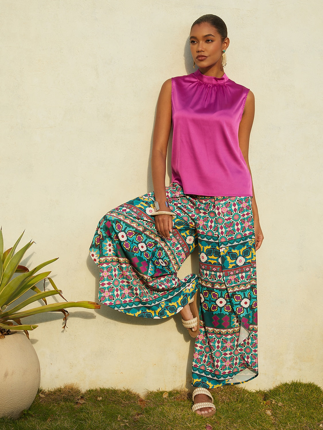Hawaii Palm Satin Wrap Wide-Leg Pants in Sapphire Blue by Aurelia Sun