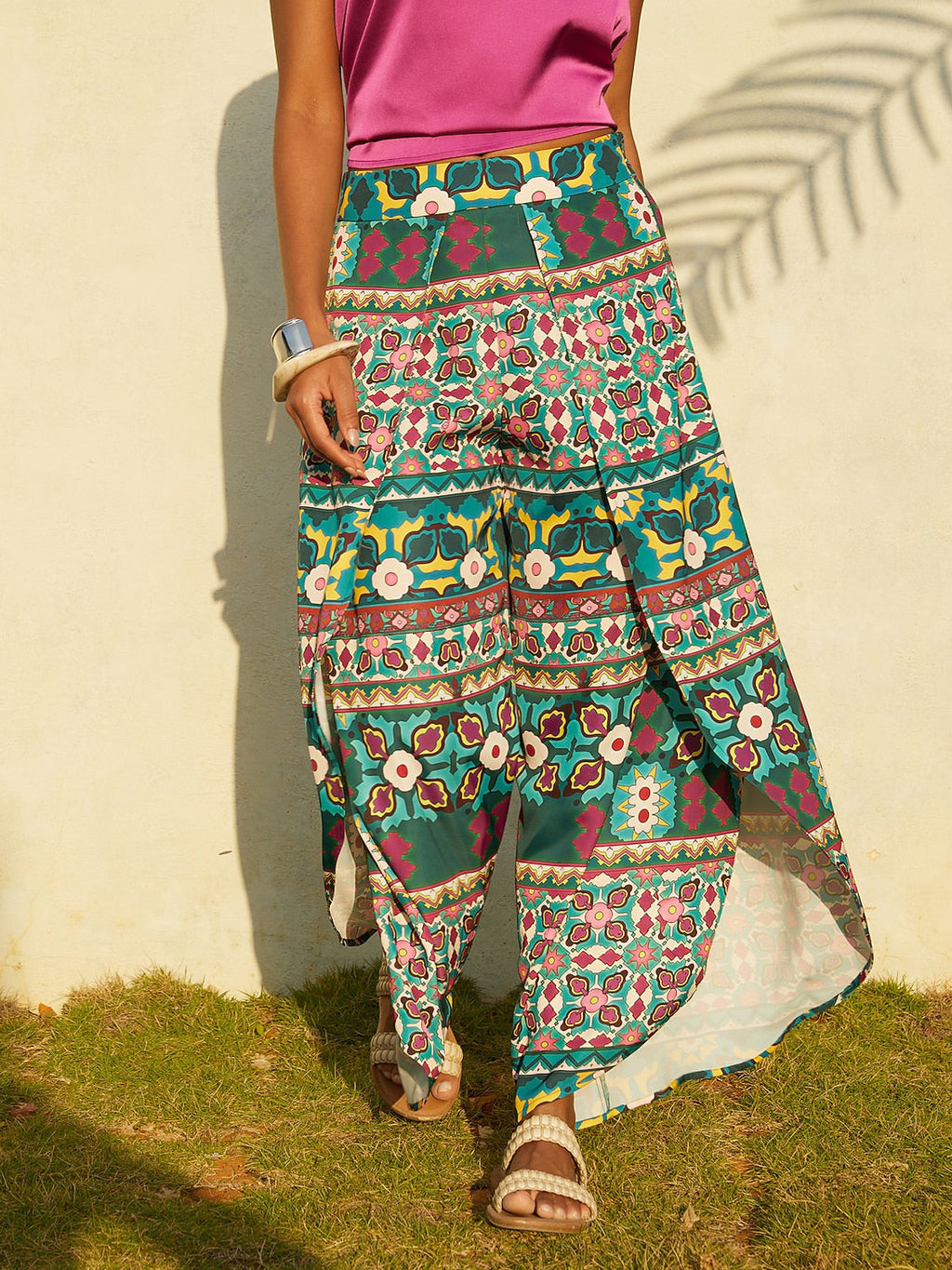 Hawaii Palm Satin Wrap Wide-Leg Pants in Sapphire Blue by Aurelia Sun