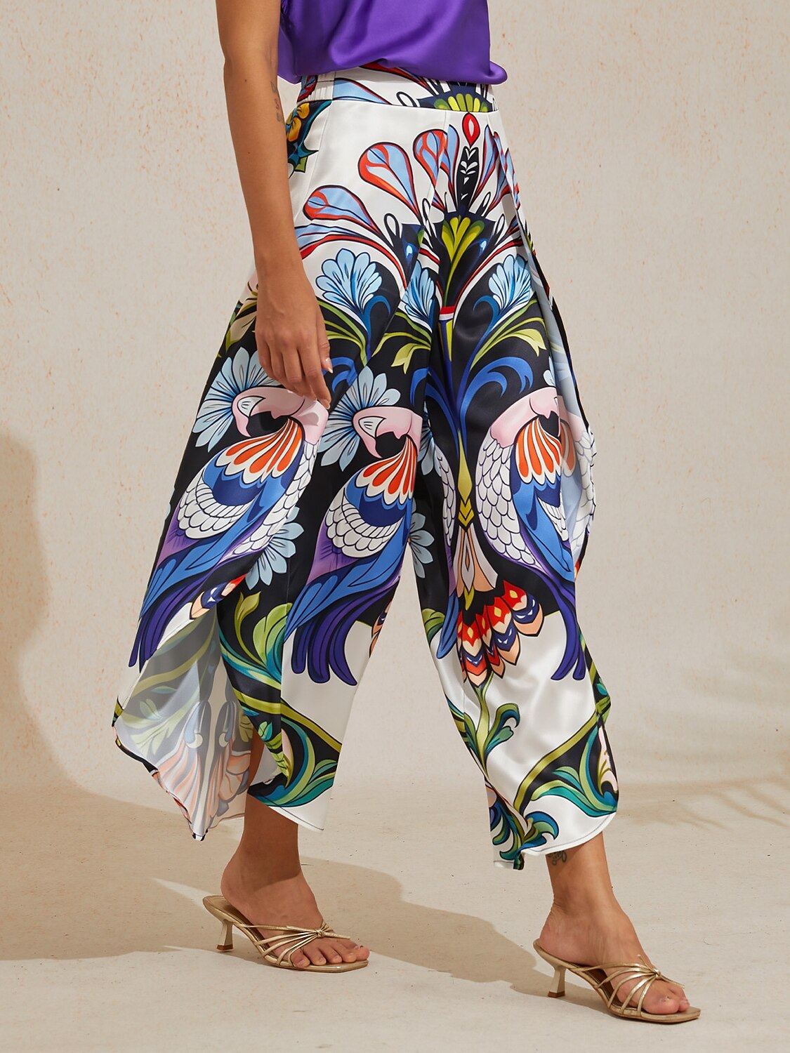 Hawaii Palm Satin Wrap Wide-Leg Pants in Berry Red by Aurelia Sun